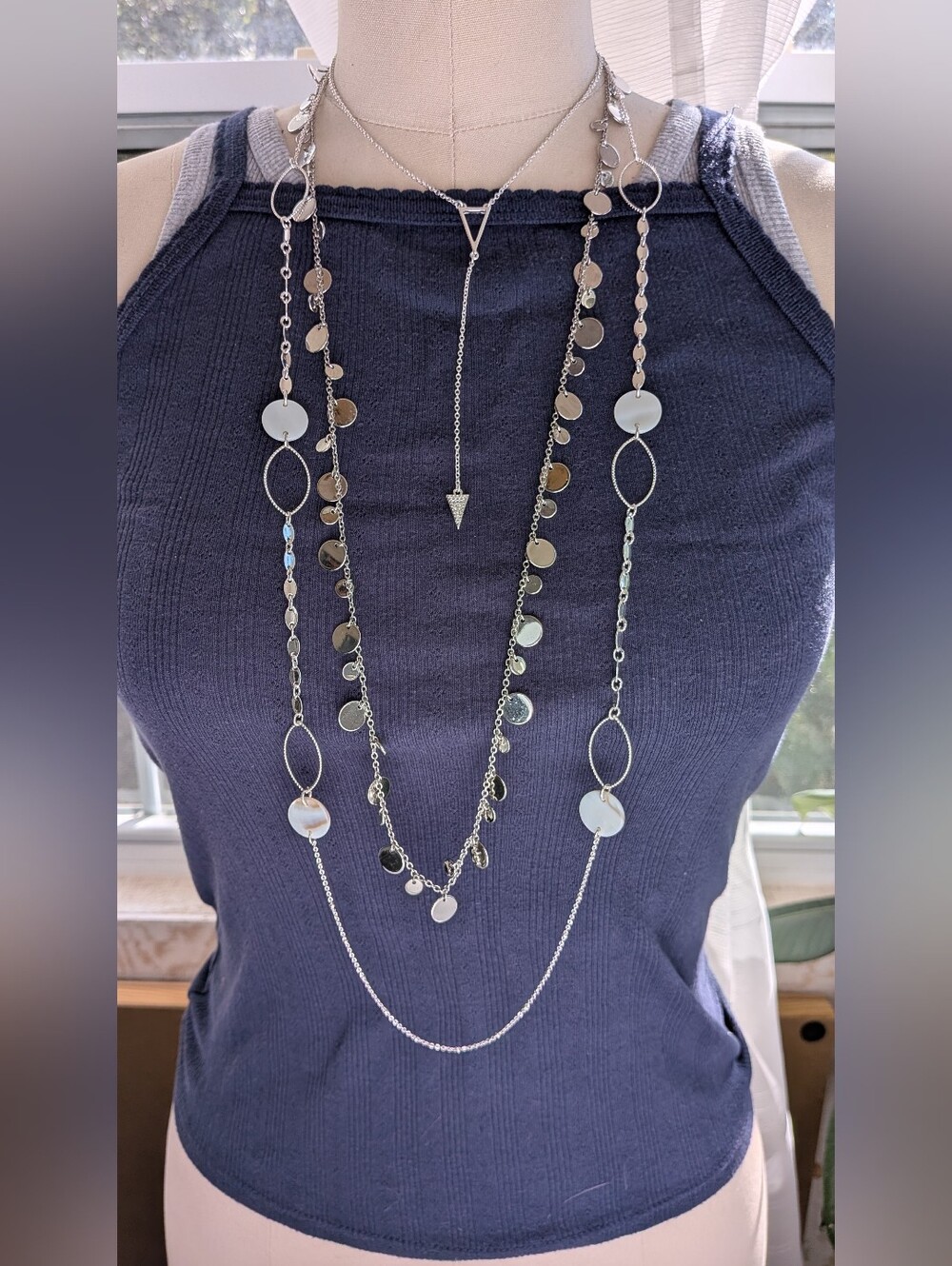 Silver Long Layered Disc Necklace - Women Jewelry